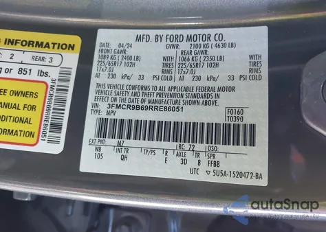 2024 Ford Bronco Sport Big Bend z USA, uszkodzony, nr VIN 3FMCR9B69RRE86051